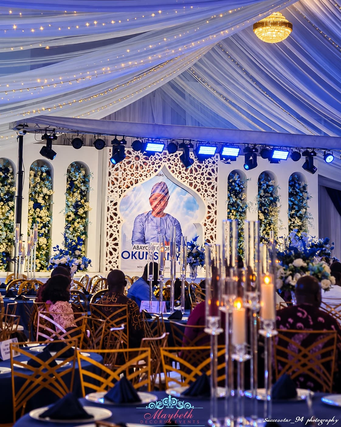 Beautiful blue and gold birthday celebration setup